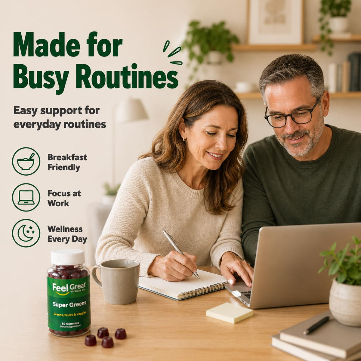 Bouteille de gummies Super Greens ouverte montrant les gummies à l'intérieur