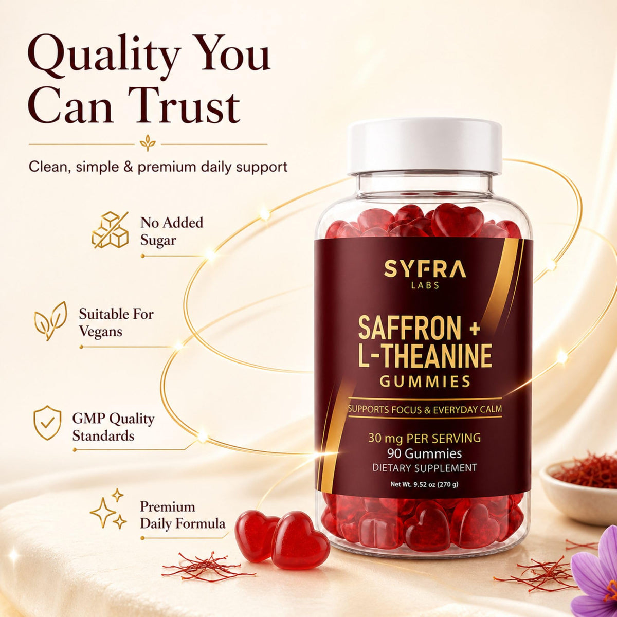 Bouteille de gummies Syfra Labs avec des baies fraîches en arrière-plan