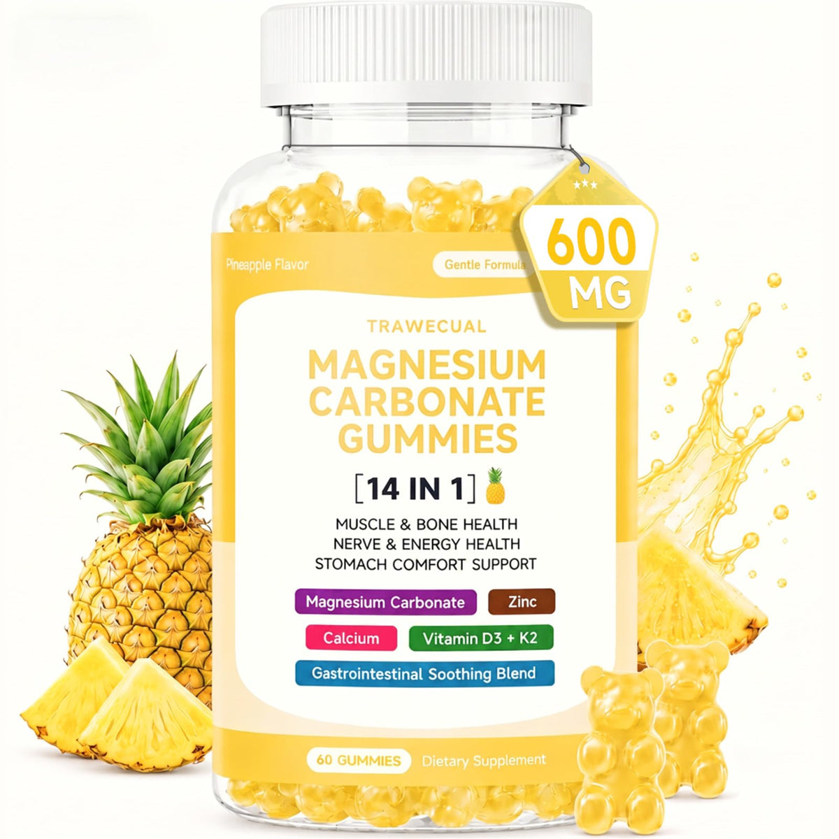 Bouteille de gummies Trawecual au magnésium 600mg saveur ananas