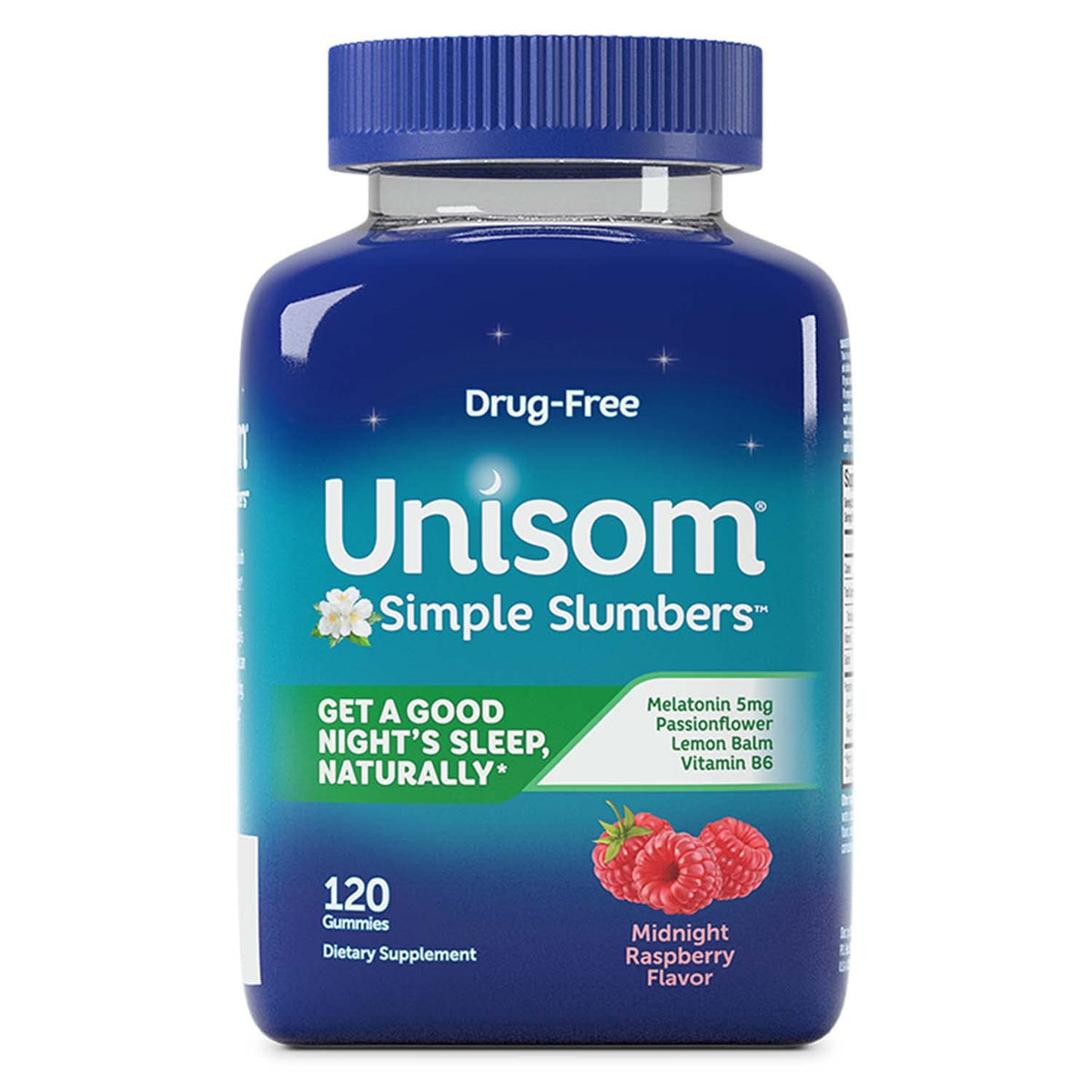 Bouteille de gummies Unisom Simple Slumbers 120 comptant saveur framboise