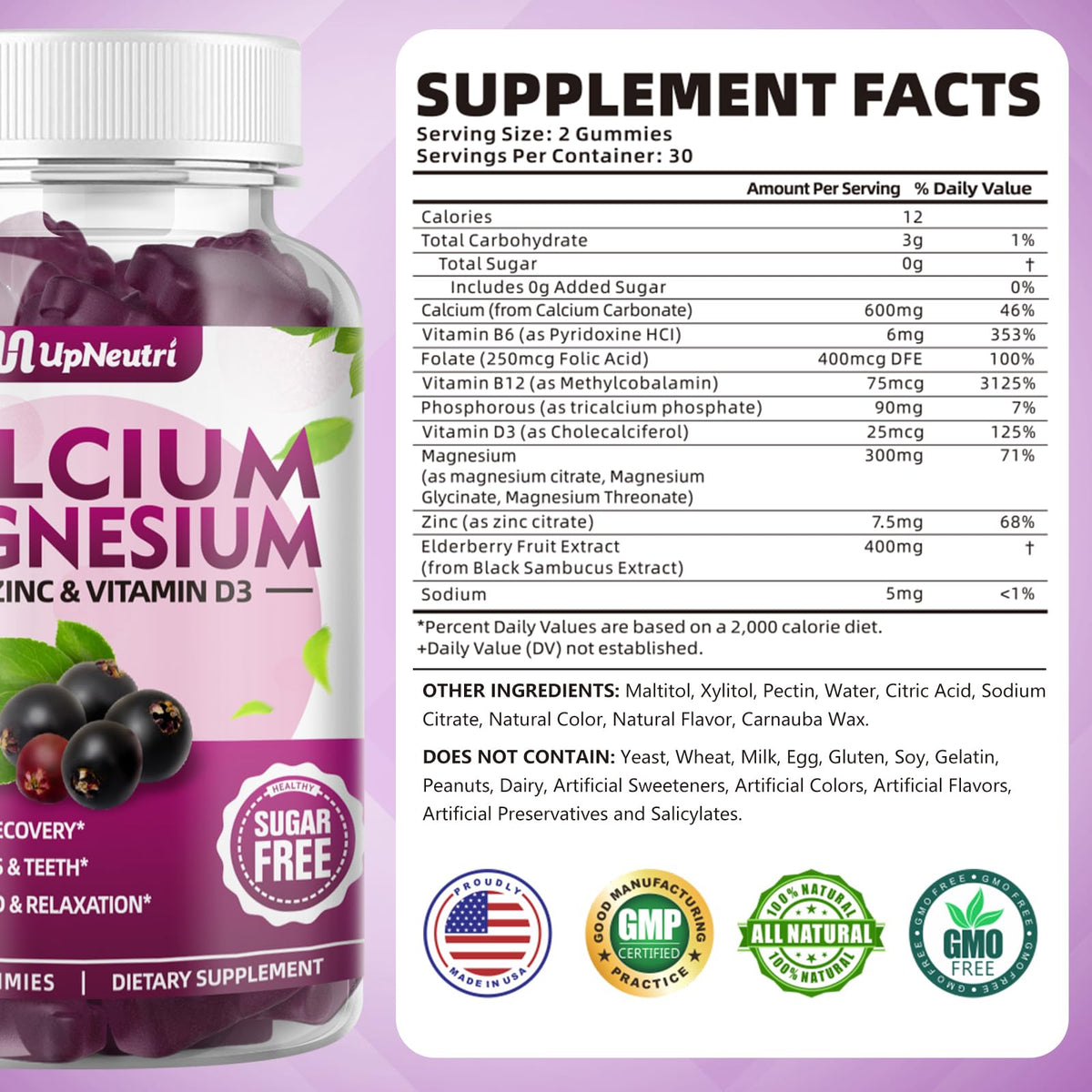 Bouteille de gummies UPNEUTRI avec étiquette et ingrédients