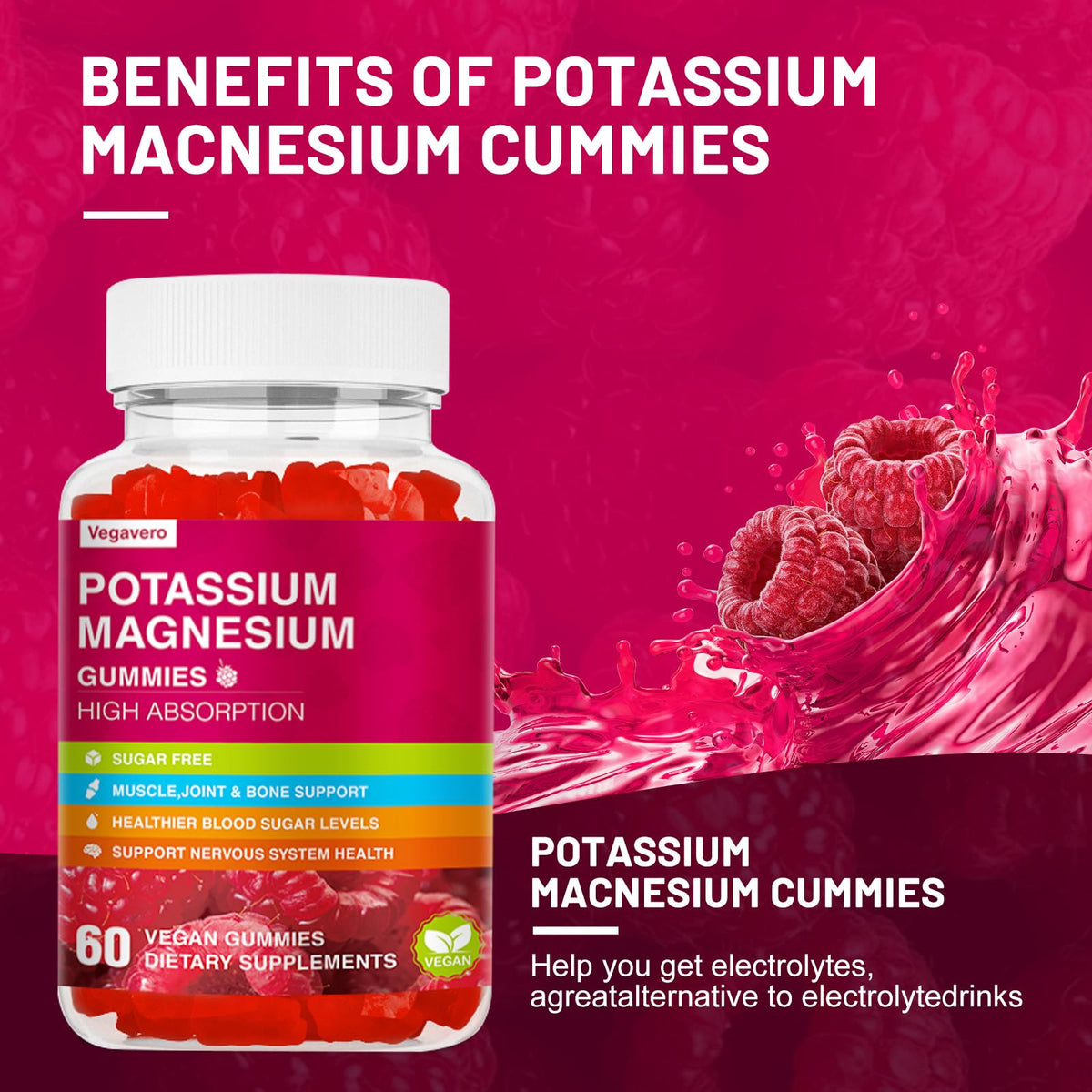 Bouteille de gummies Vegavero Potassium Magnésium avec étiquette