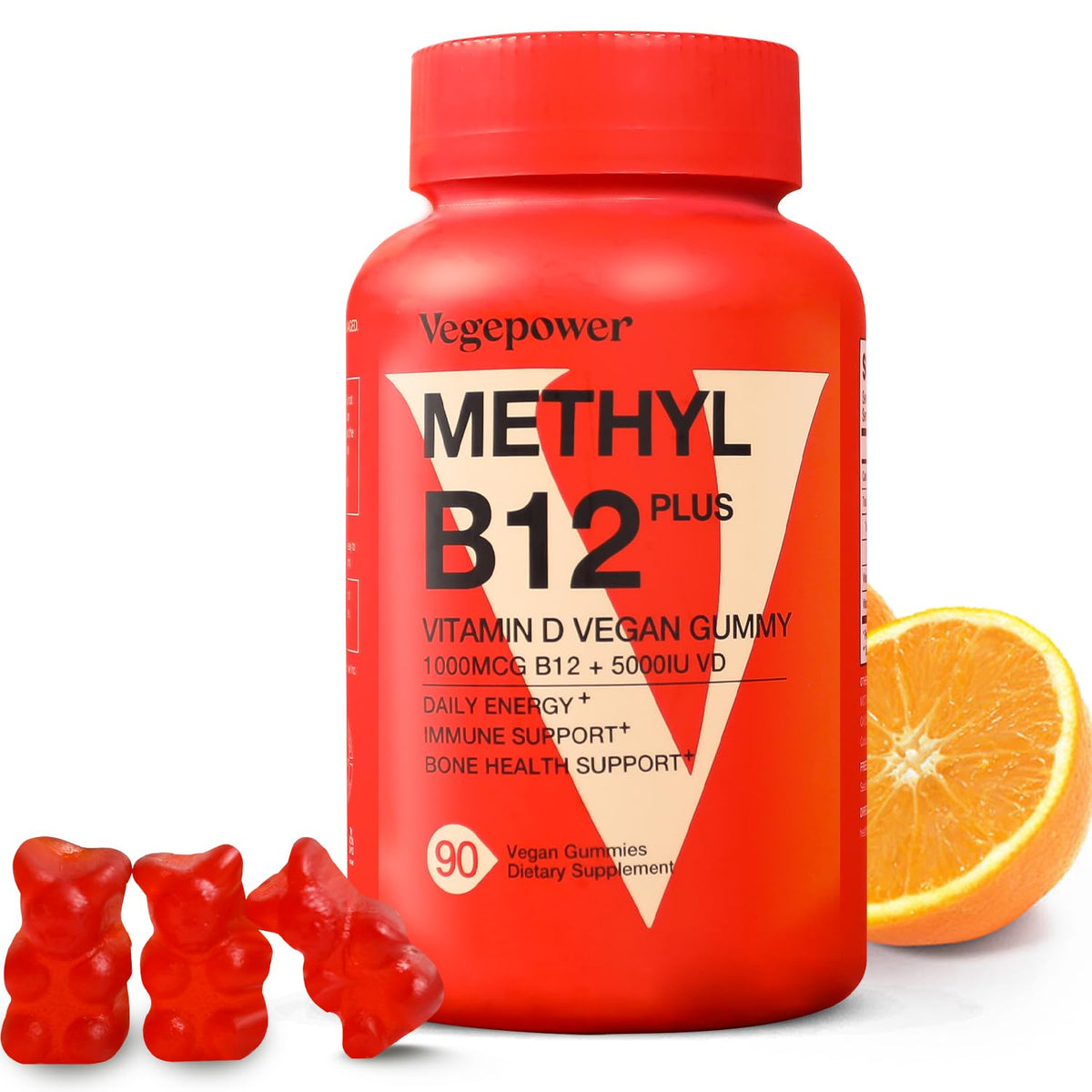 Bouteille de gummies VEGEPOWER B12 D3 90 unités saveur orange