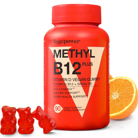 Bouteille de gummies VEGEPOWER B12 D3 90 unités saveur orange