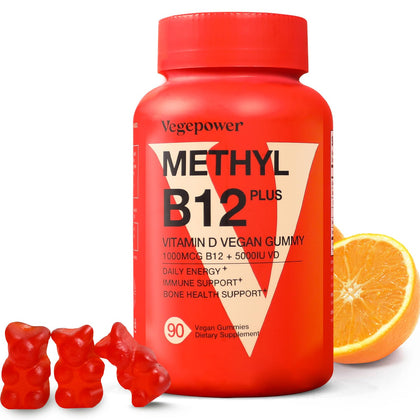 Bouteille de gummies VEGEPOWER B12 D3 90 unités saveur orange