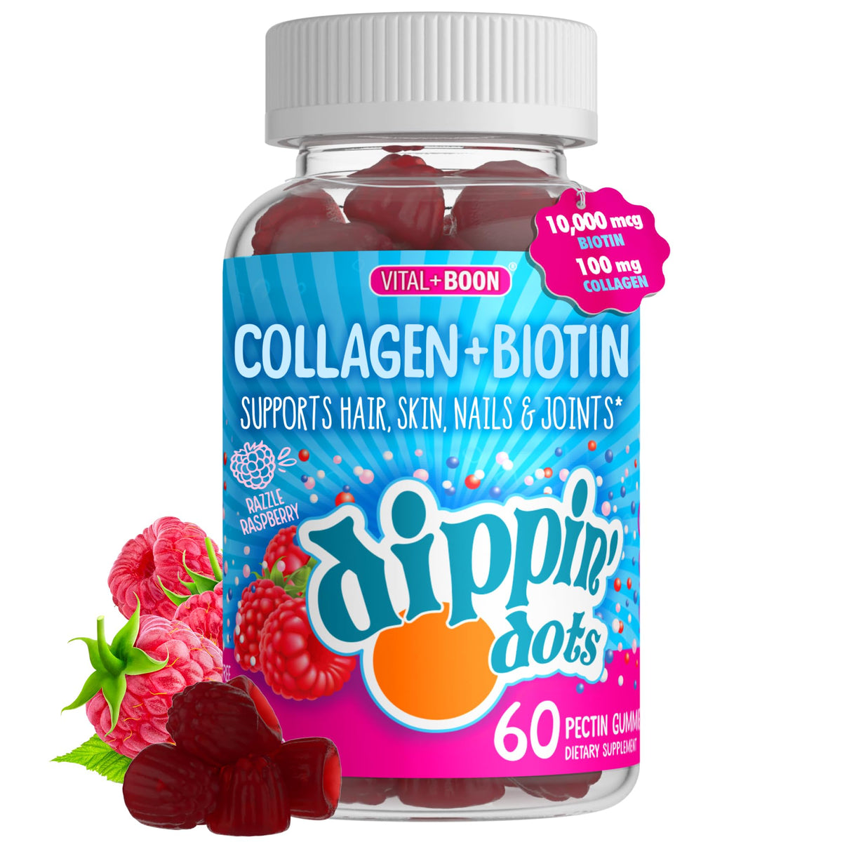 Bouteille de gummies Vital+Boon Dippin' Dots Collagène Biotine 60 pièces