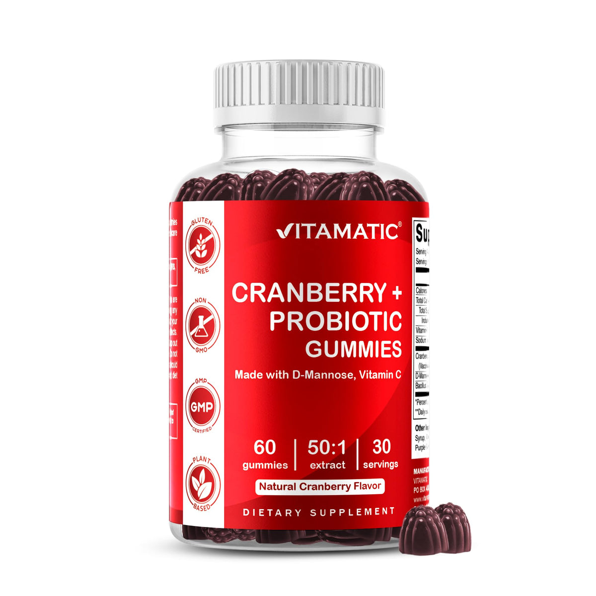 Bouteille de gummies Vitamatic de canneberge avec étiquette visible