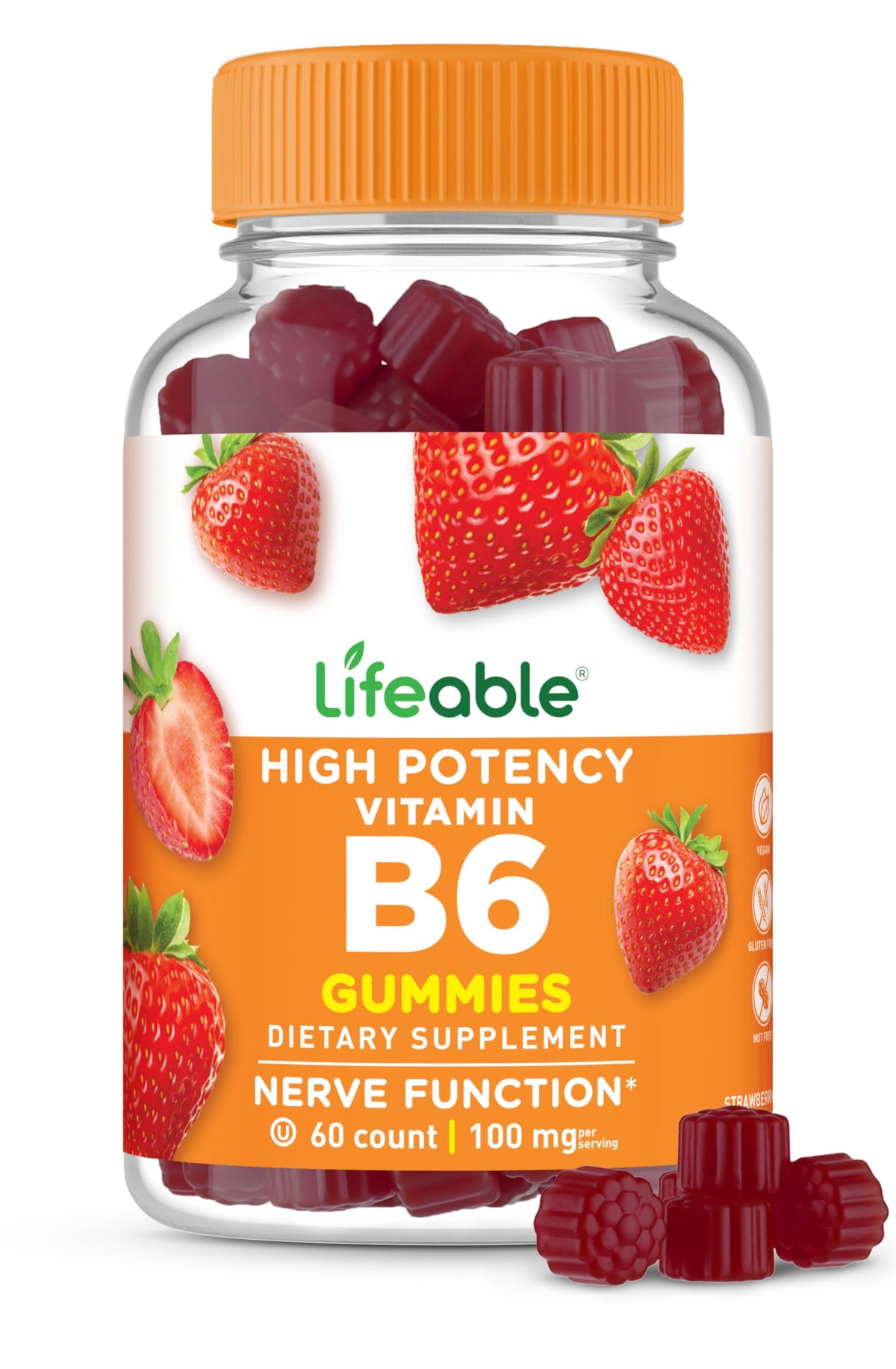 Bouteille de gummies Vitamine B6 Lifeable 100 mg, 60 pièces