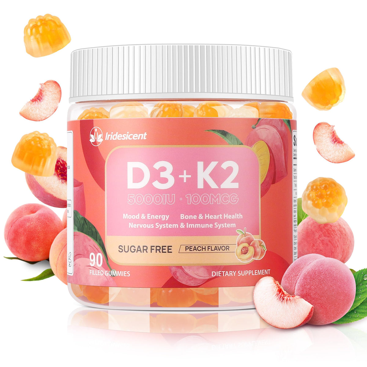 Bouteille de gummies Vitamine D3 K2 IRIDESICENT ouverte avec gummies à l'extérieur