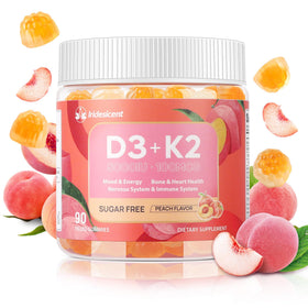 Bouteille de gummies Vitamine D3 K2 IRIDESICENT ouverte avec gummies à l'extérieur