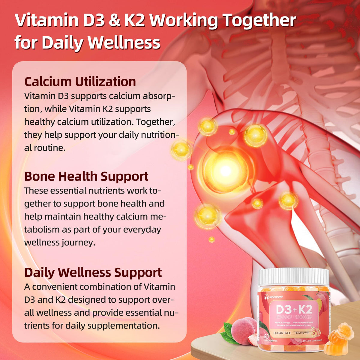 Bouteille de gummies Vitamine D3 K2 IRIDESICENT vue de côté
