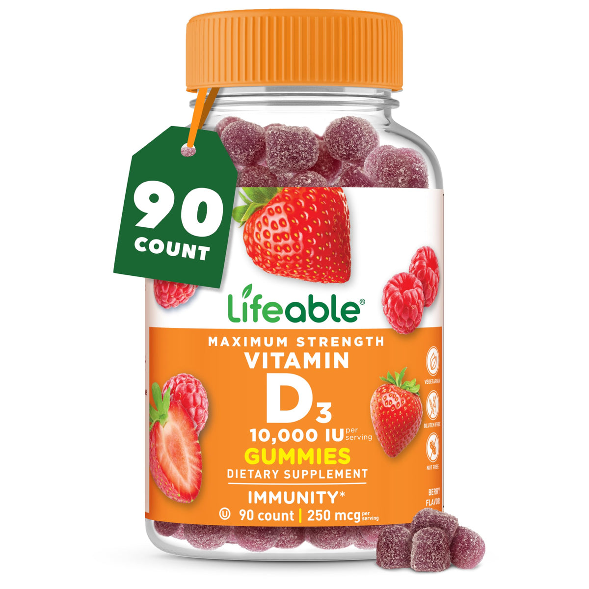 Bouteille de gummies Vitamine D3 Lifeable 10 000 UI 90 comprimés