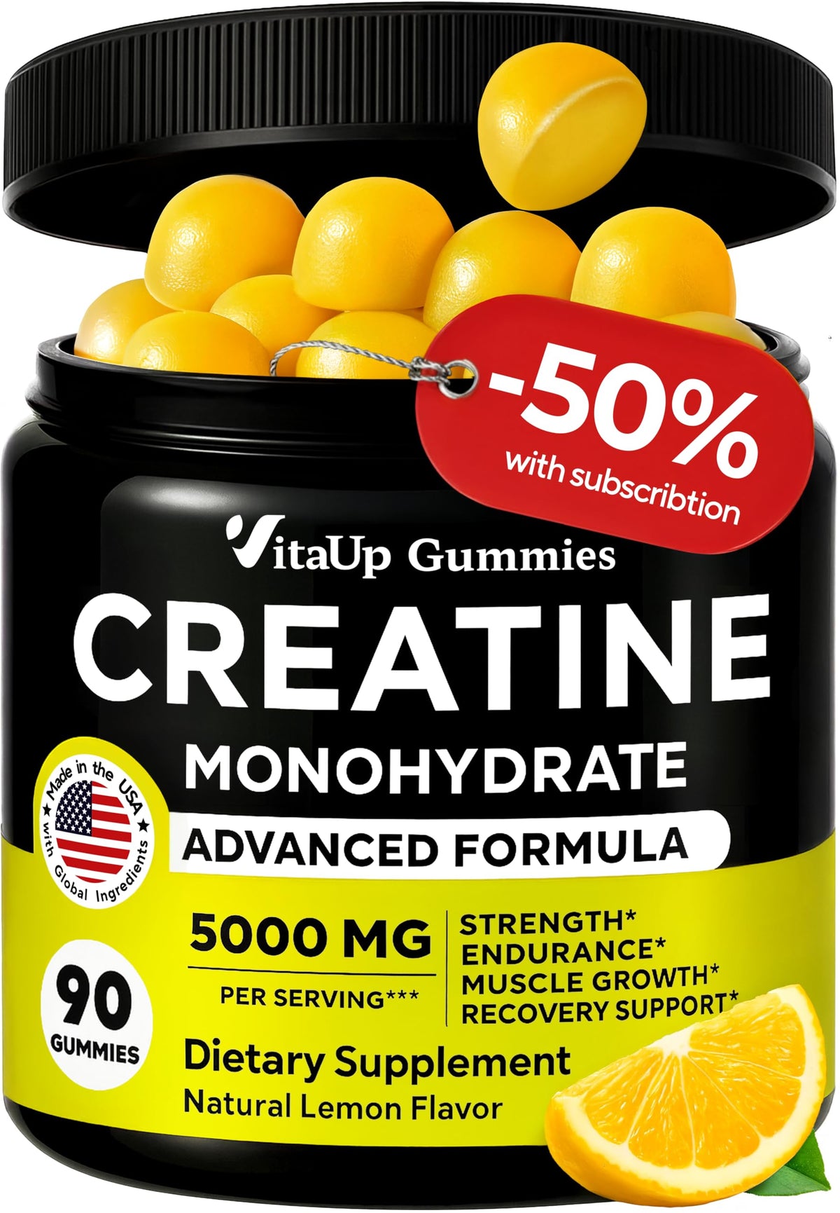 Bouteille de gummies VitaUp créatine monohydrate 5000mg, vue de face