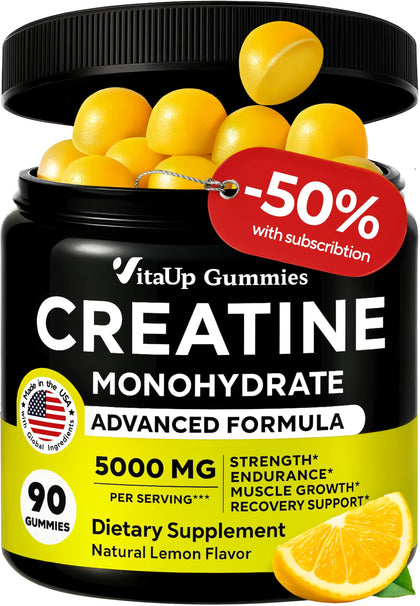 Bouteille de gummies VitaUp créatine monohydrate 5000mg, vue de face