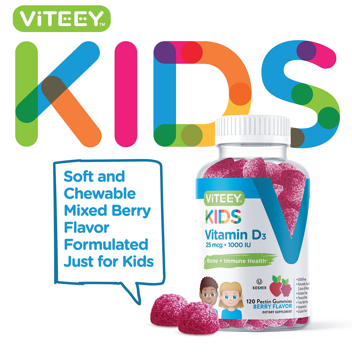 Bouteille de gummies Viteey Vitamine D3 Enfants 120 gummies