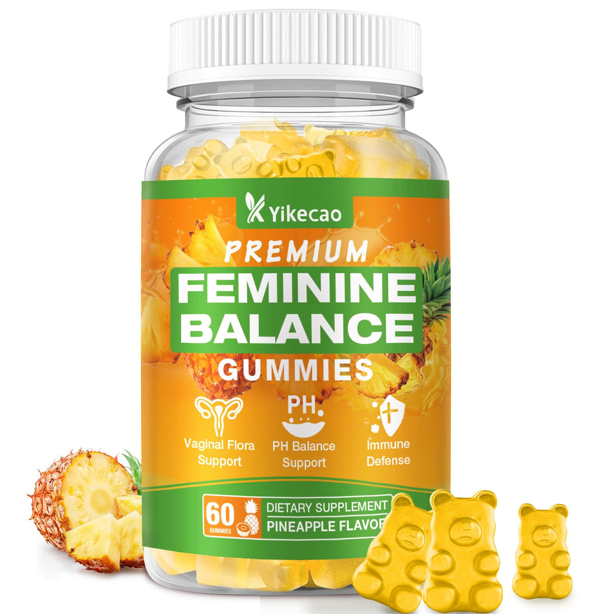 Bouteille de gummies Yikecao Équilibre Féminin saveur ananas vue de face