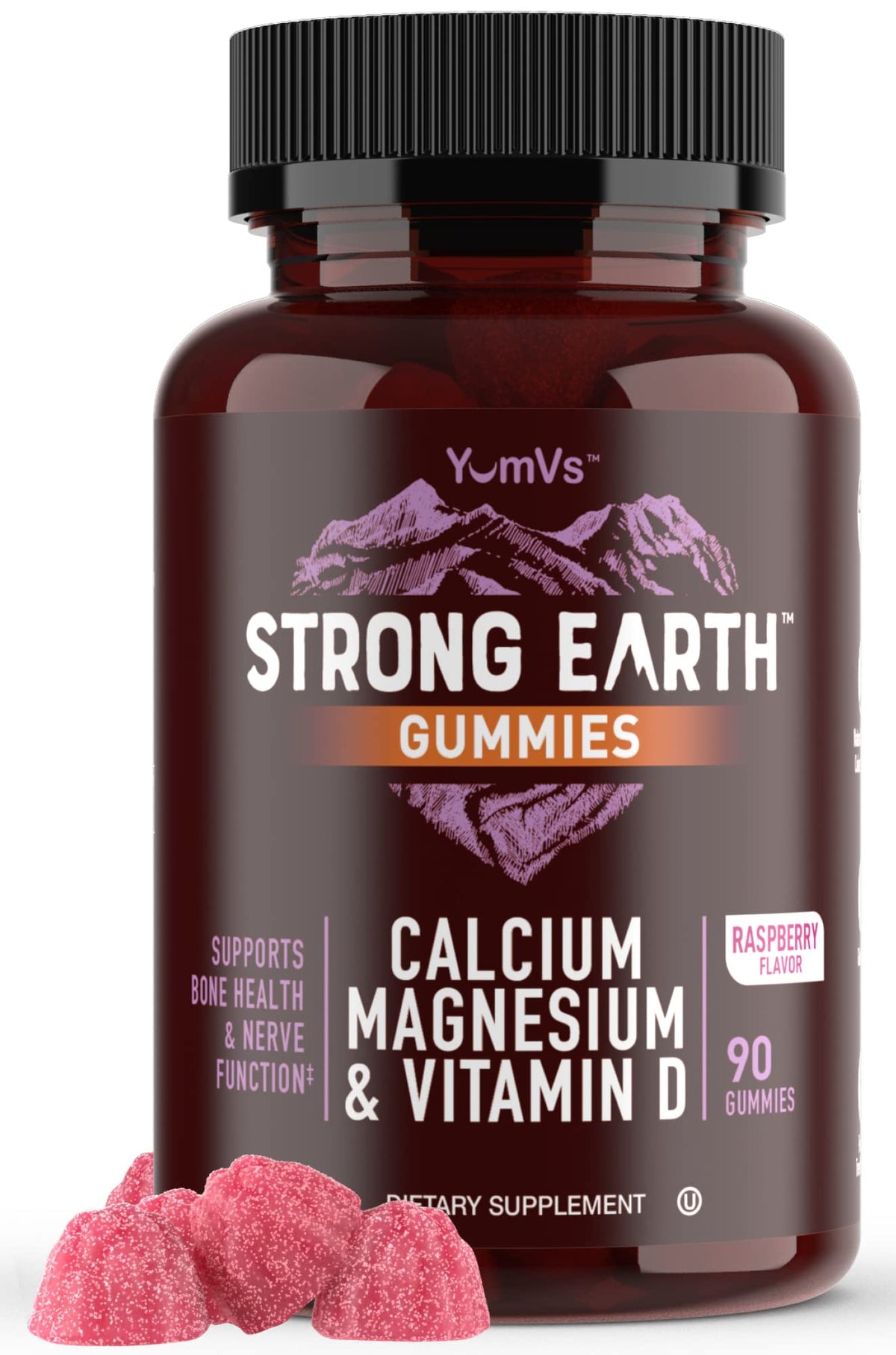 Bouteille de gummies YUM-V'S Calcium, Magnésium, Vitamine D3 au goût framboise
