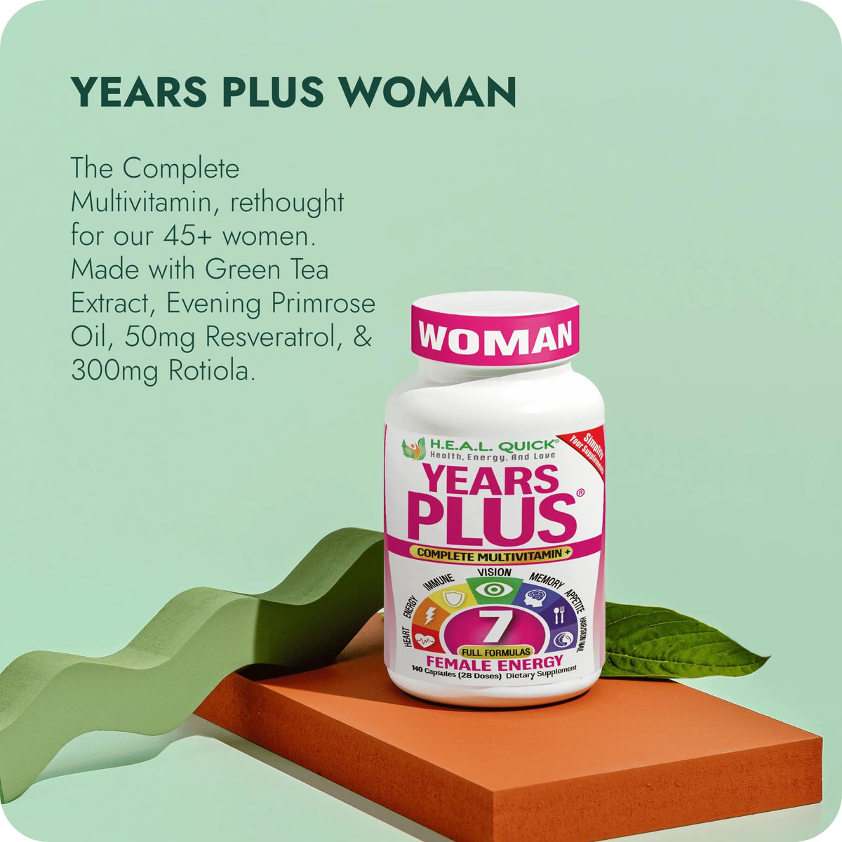 Bouteille de H.E.A.L. Quick Years Plus Femme avec capsules à l'intérieur