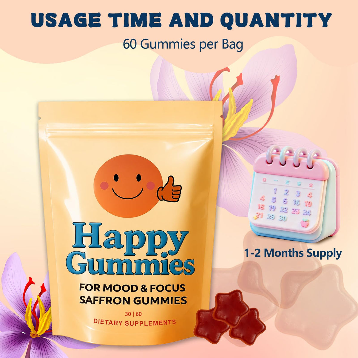Bouteille de Happy Gummies au safran ouverte montrant les gummies