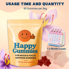 Bouteille de Happy Gummies au safran ouverte montrant les gummies