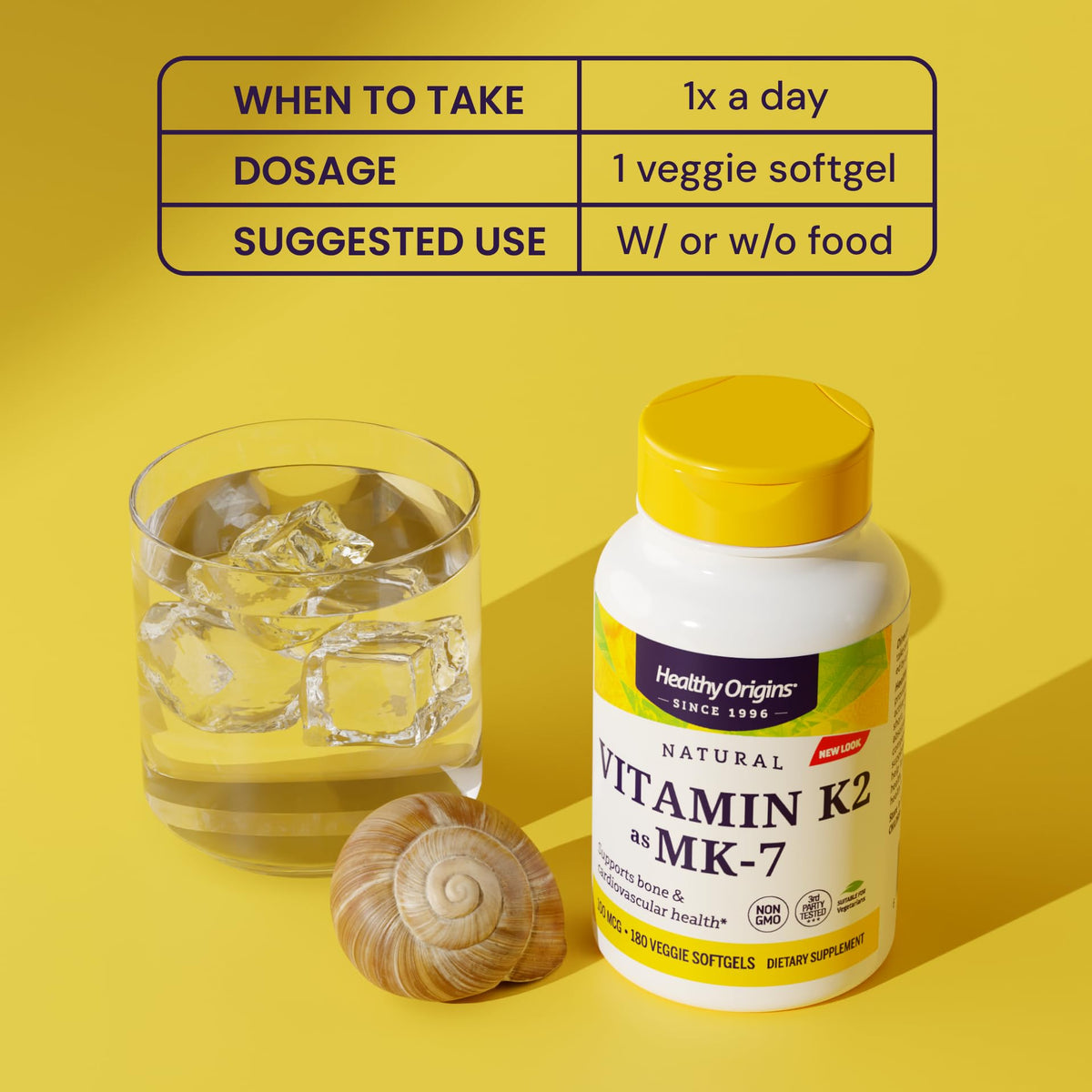 Bouteille de Healthy Origins Vitamine K2 sur une table en bois