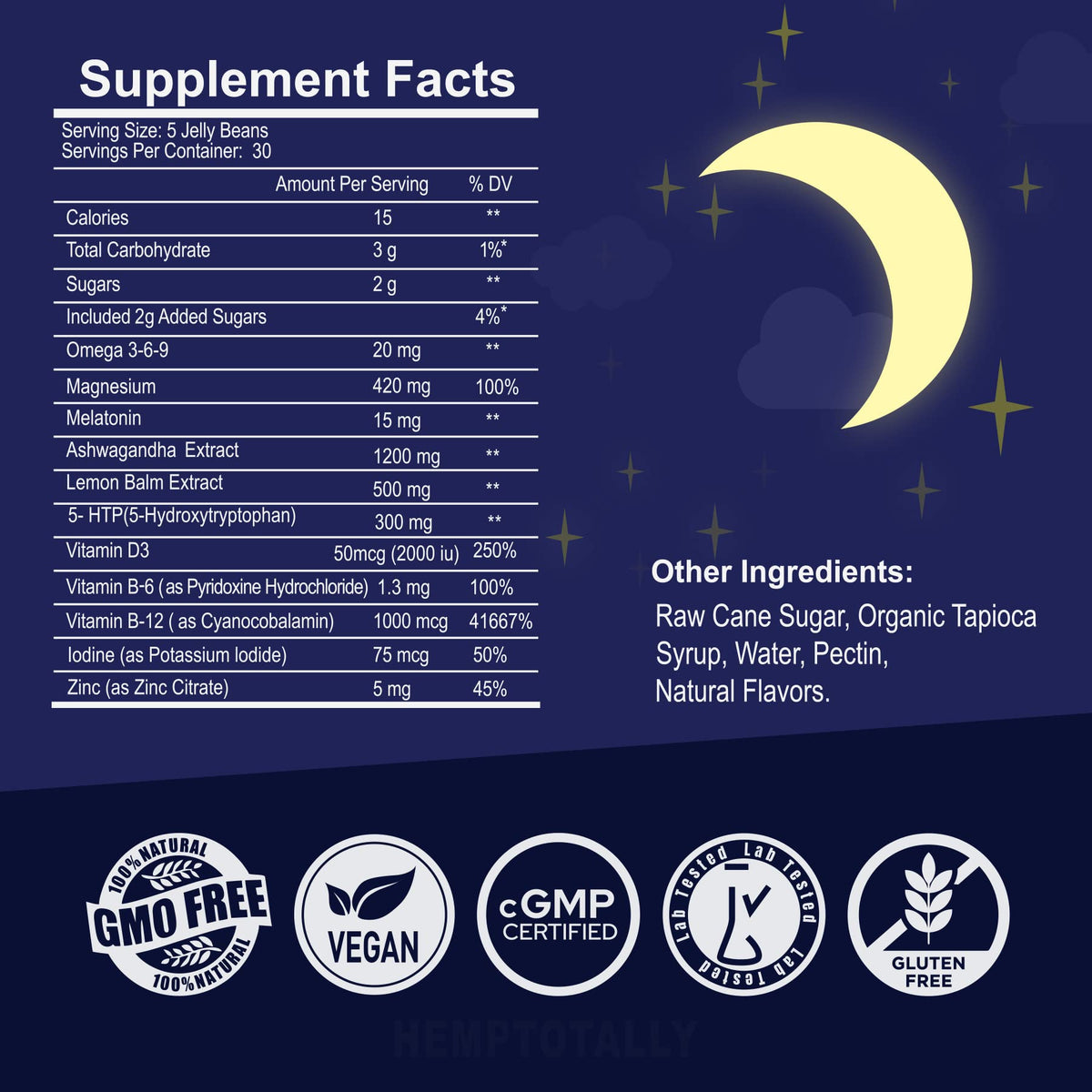 Bouteille de HempTotally Melatonine 3mg avec étiquette