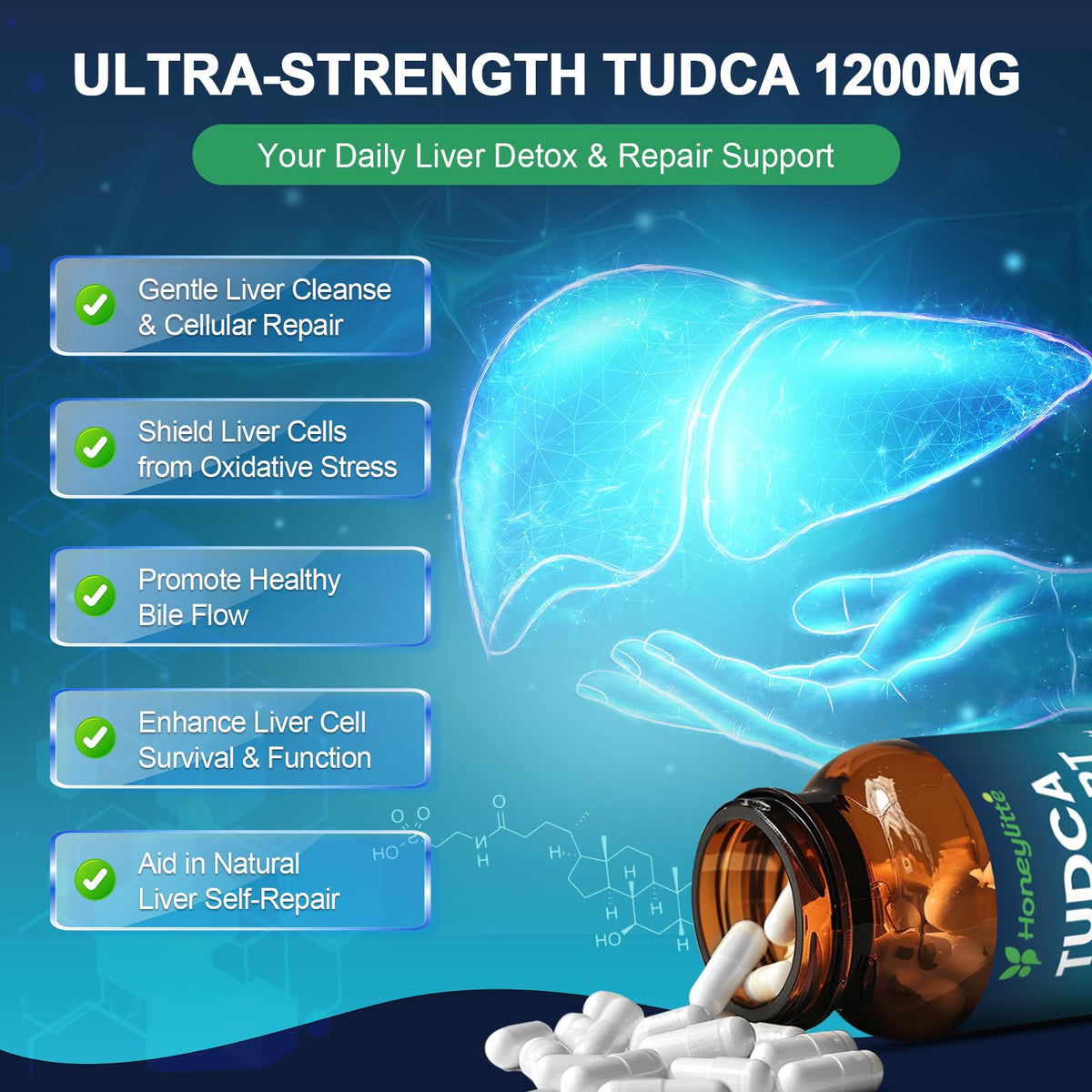 Bouteille de Honeylitte TUDCA 1200mg avec capsules à côté