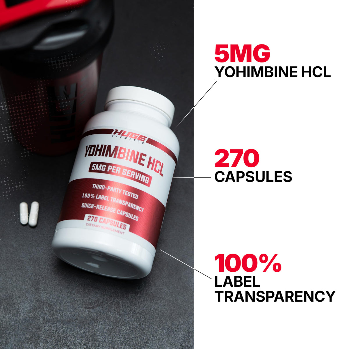 Bouteille de Huge Supplements Yohimbine HCl 5mg avec étiquette visible
