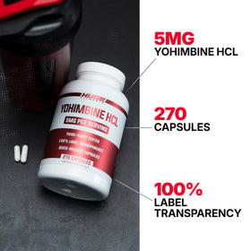Bouteille de Huge Supplements Yohimbine HCl 5mg avec étiquette visible