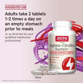 Bouteille de Jarrow Formulas Arginine-Citrulline Sustain ouverte avec comprimés visibles
