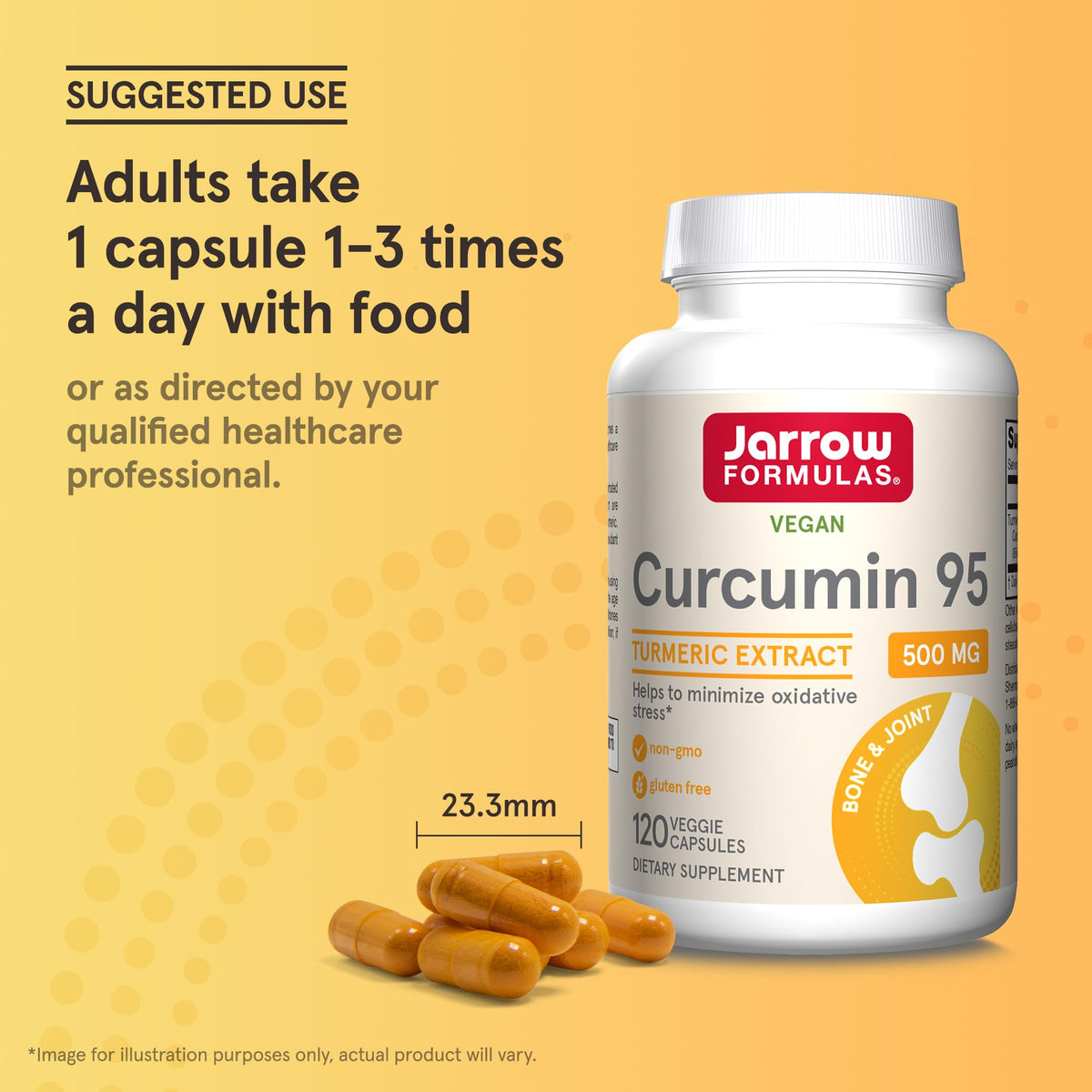 Bouteille de Jarrow Formulas Curcumin 95 ouverte avec capsules visibles