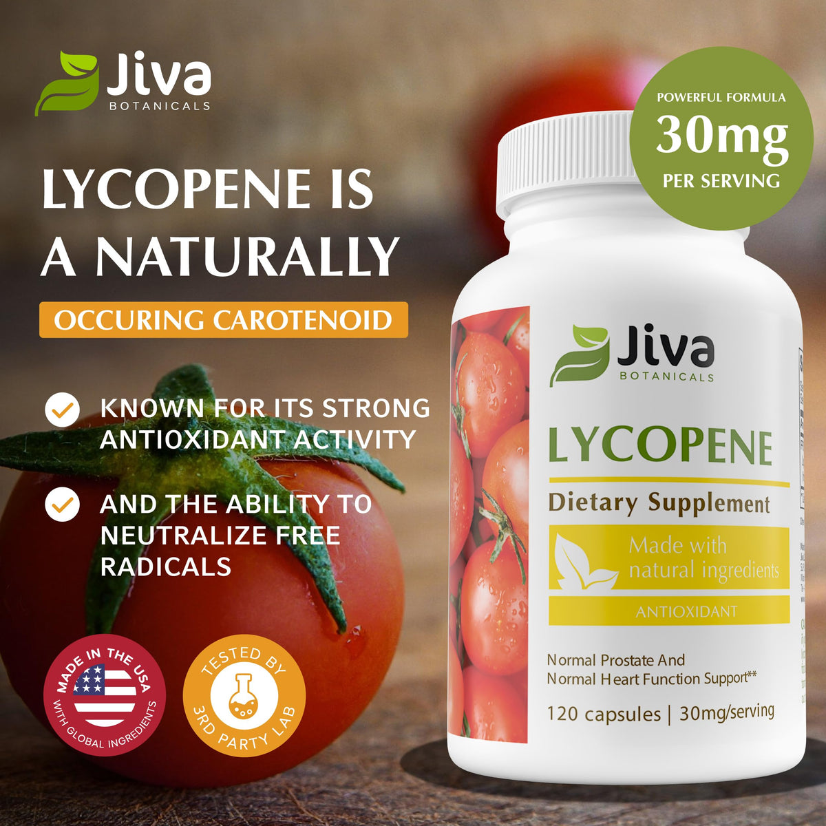 Bouteille de Jiva Botanicals Lycopène 30mg sur fond neutre