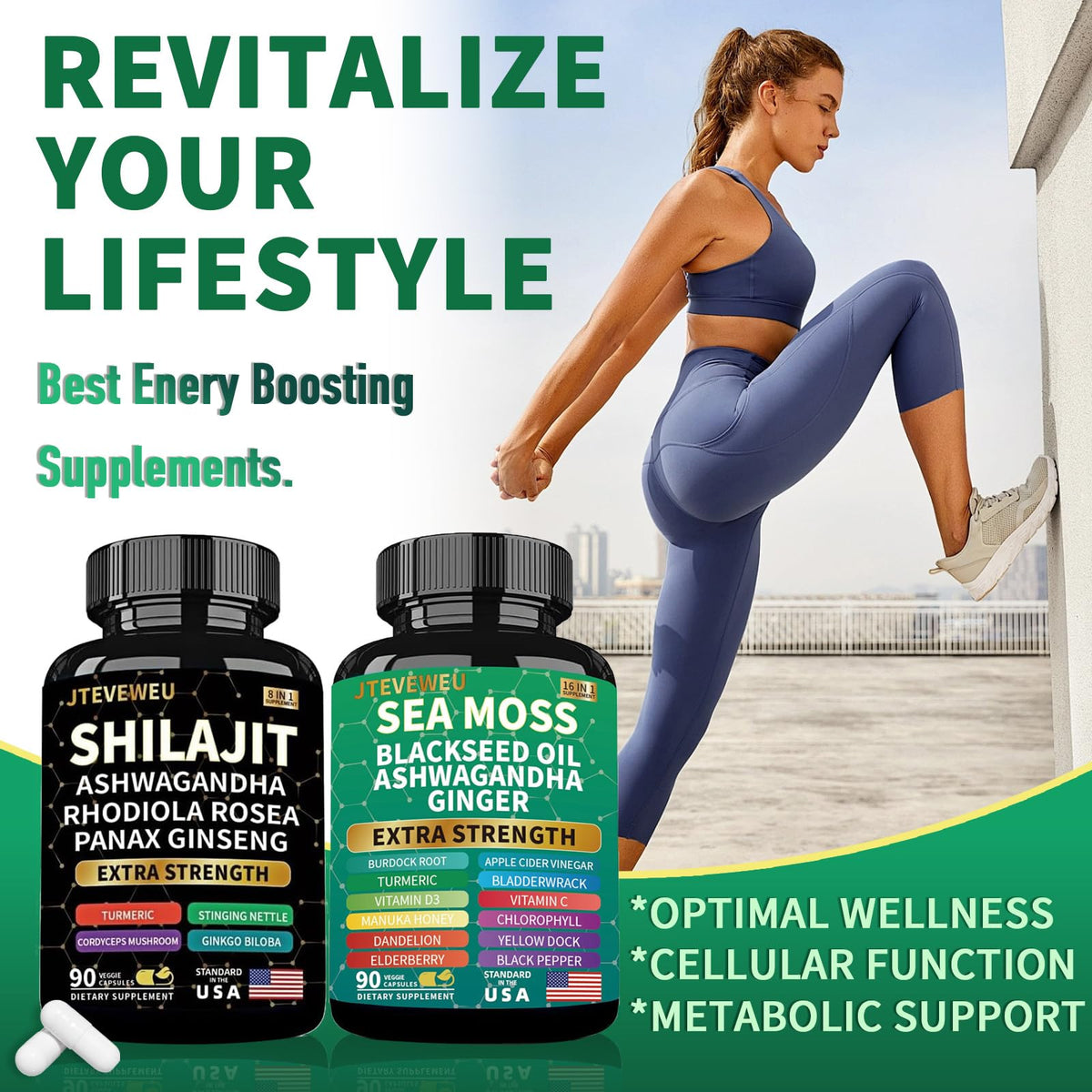 Bouteille de JTEVEweu Shilajit et Sea Moss 180 capsules vue de côté