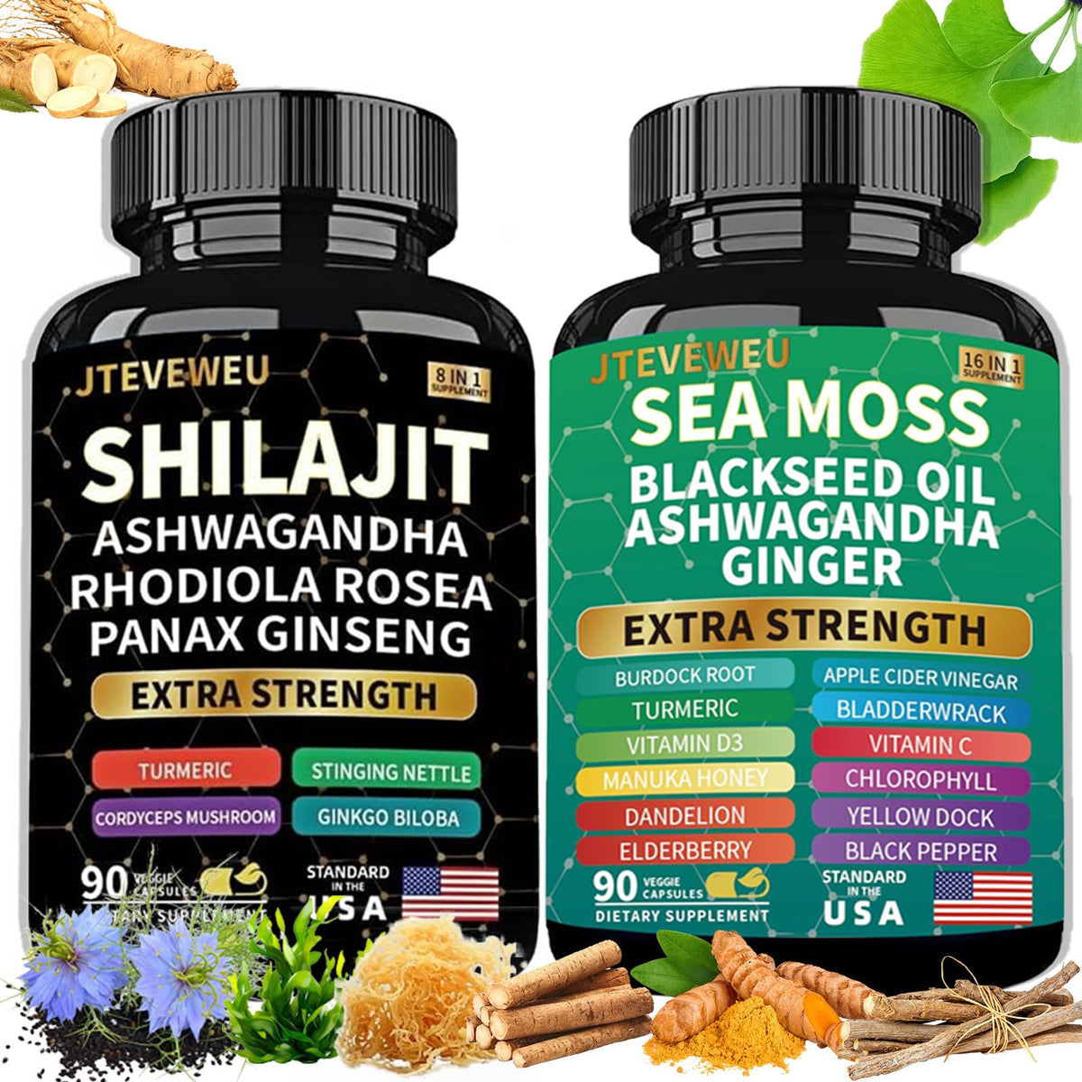 Bouteille de JTEVEweu Shilajit et Sea Moss 180 capsules vue de face