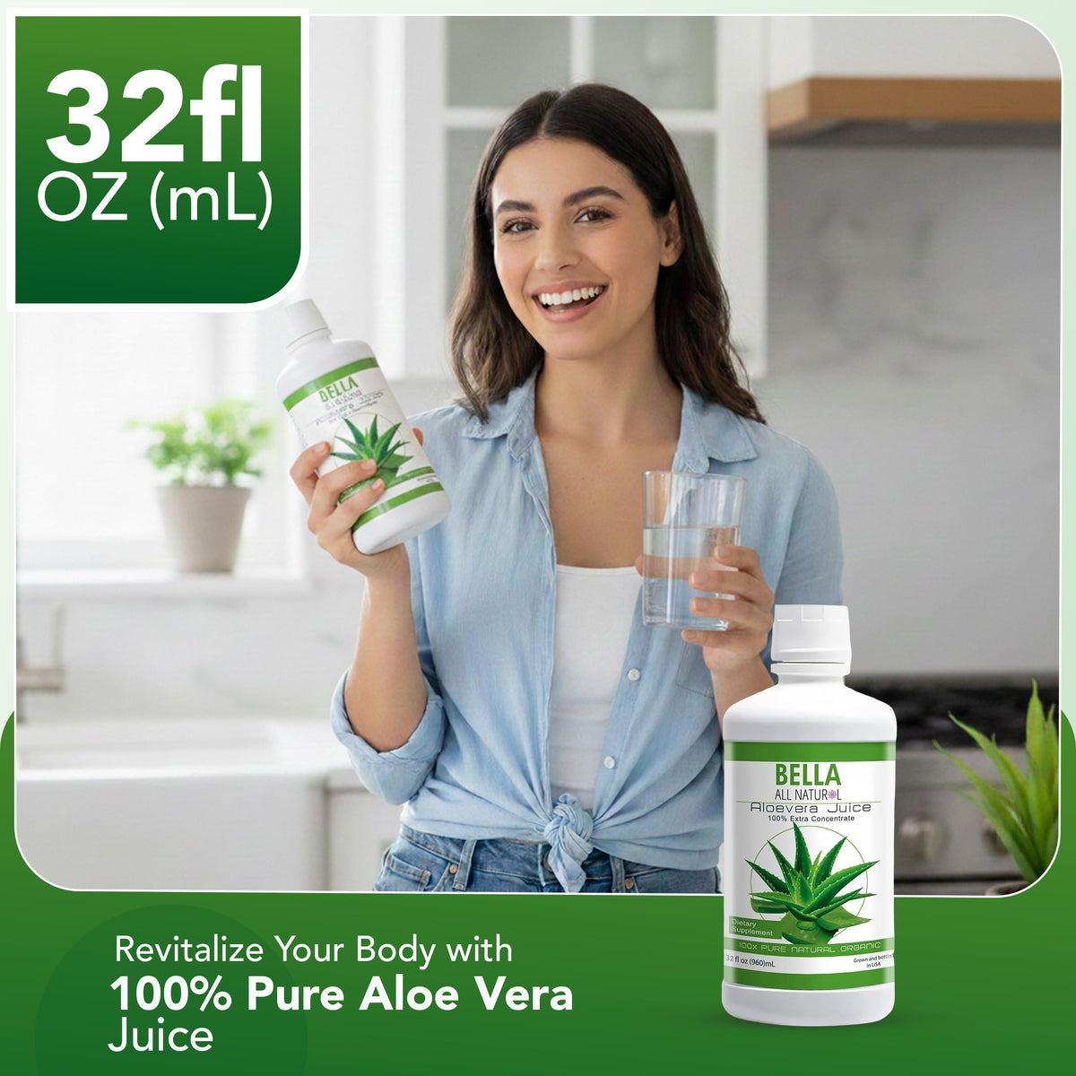 Bouteille de jus d'aloe vera avec verre rempli à côté