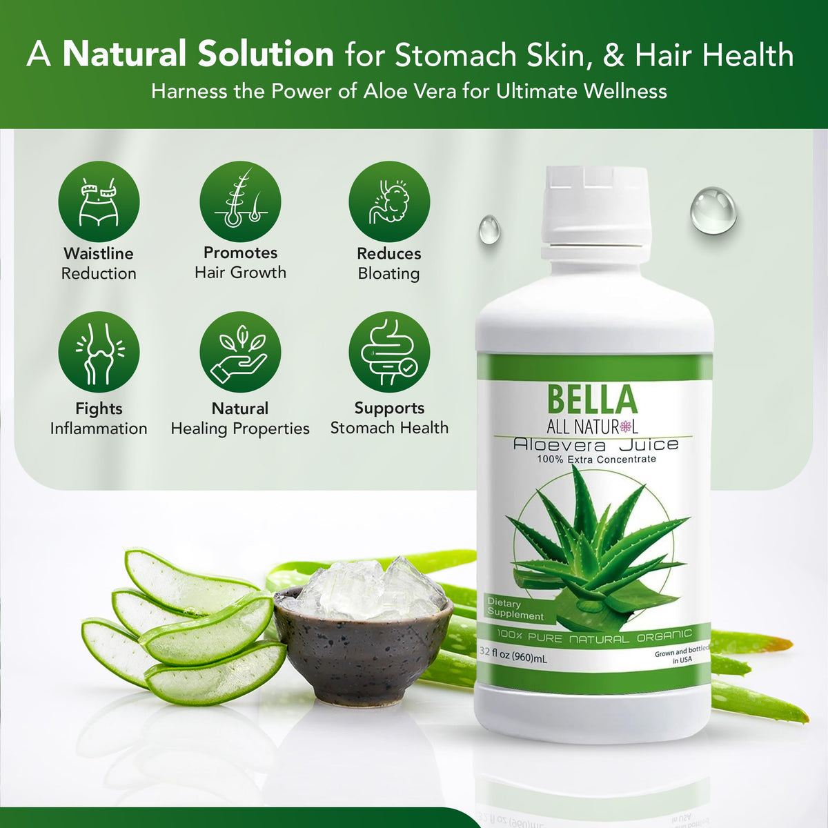 Bouteille de jus d'aloe vera Bella All Natural sur fond blanc