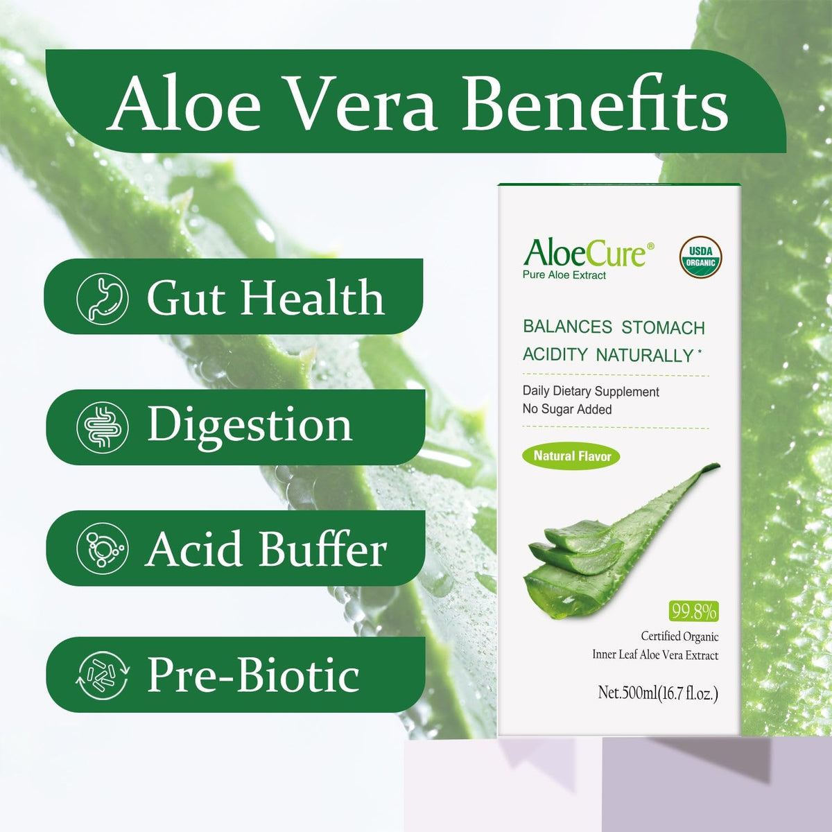 Bouteille de jus d'Aloe Vera bio AloeCure 500ml vue de côté