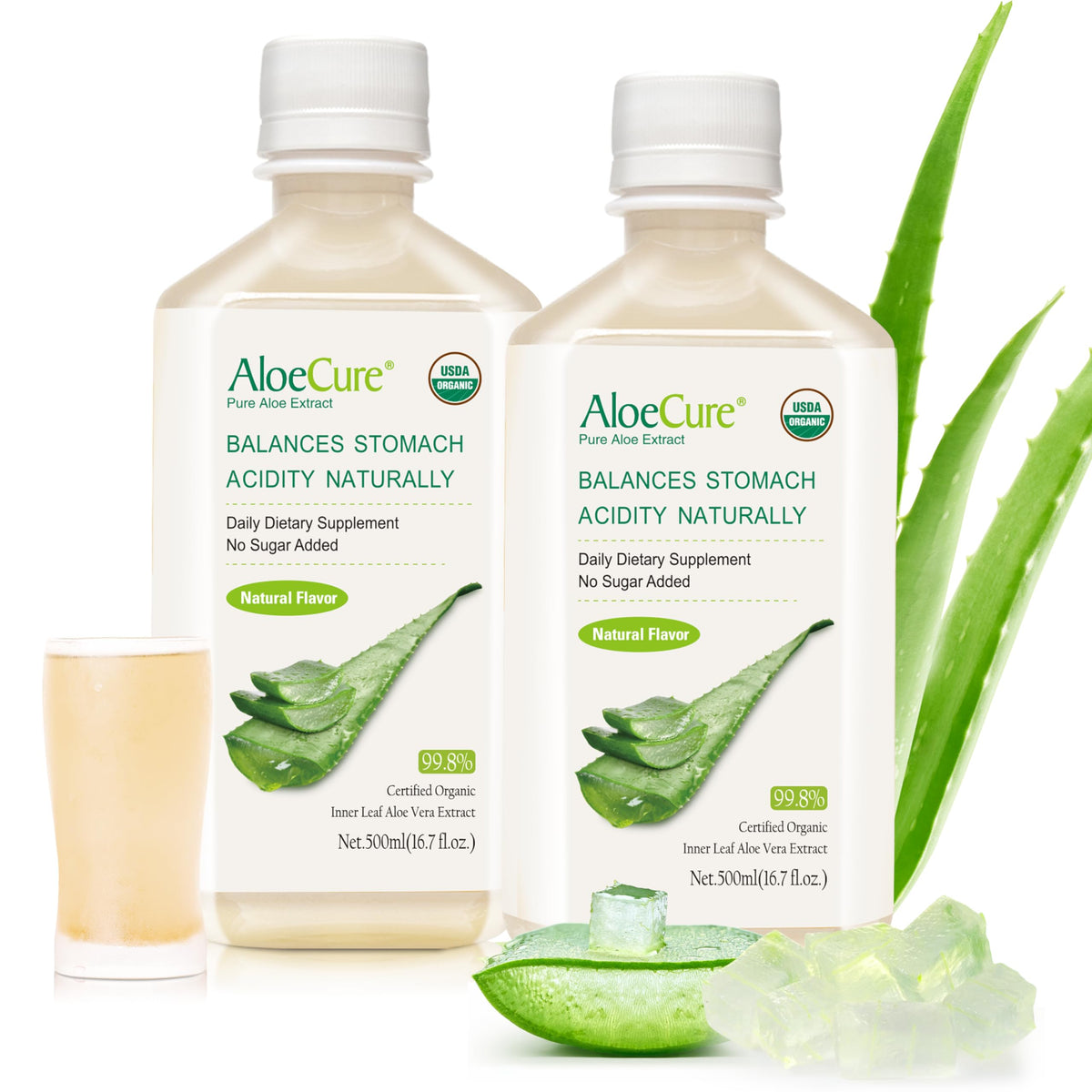 Bouteille de jus d'aloe vera bio AloeCure 500ml vue de face