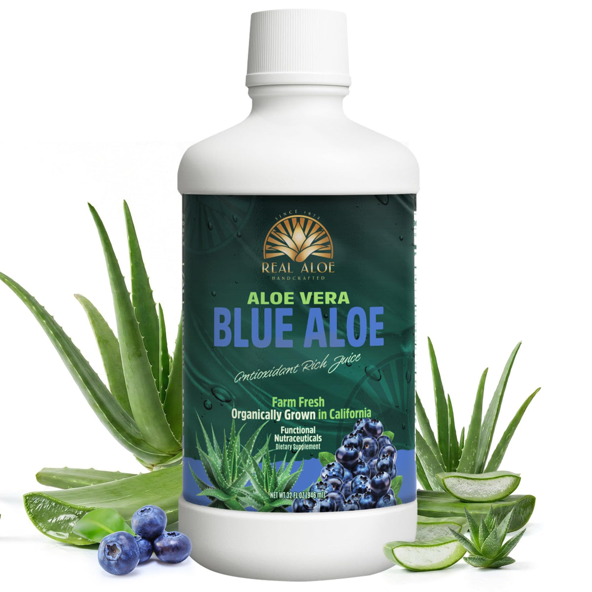 Bouteille de jus d'aloe vera bio Real Aloe 946 ml avec myrtille