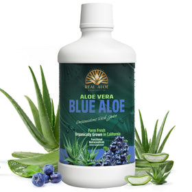 Bouteille de jus d'aloe vera bio Real Aloe 946 ml avec myrtille