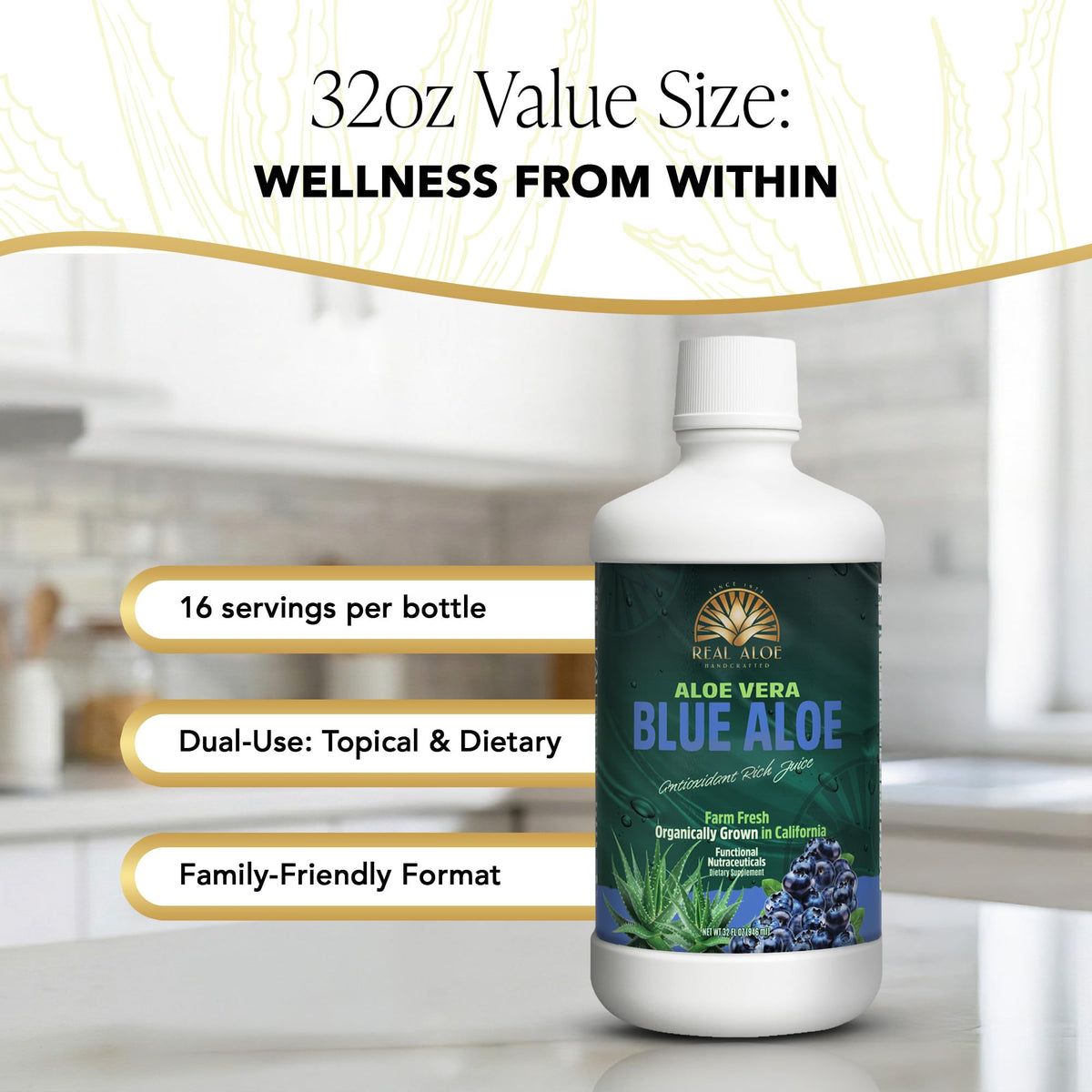 Bouteille de jus d'aloe vera bio sur un fond en bois
