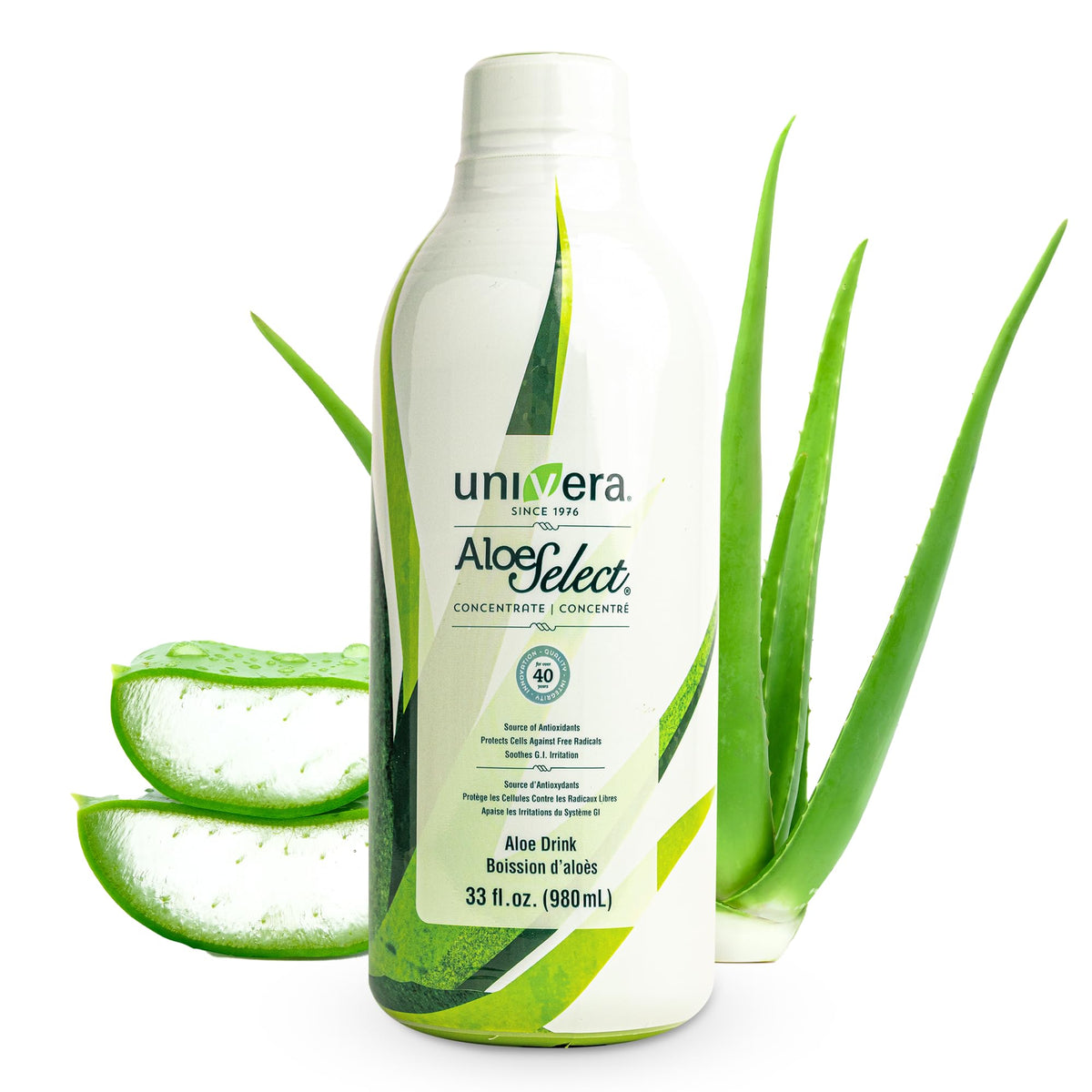 Bouteille de jus d'aloe vera bio Univera 33 fl oz vue de face