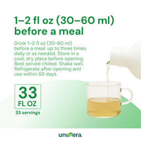 Bouteille de jus d'aloe vera bio Univera avec des feuilles d'aloe vera