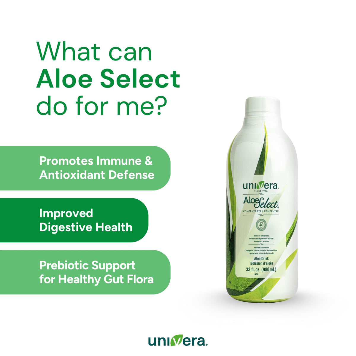 Bouteille de jus d'aloe vera bio Univera avec verre rempli