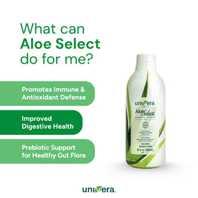 Bouteille de jus d'aloe vera bio Univera avec verre rempli