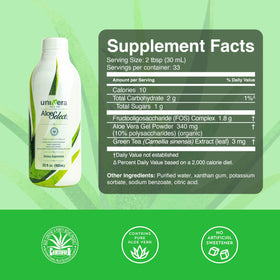 Bouteille de jus d'aloe vera bio Univera sur une table en bois