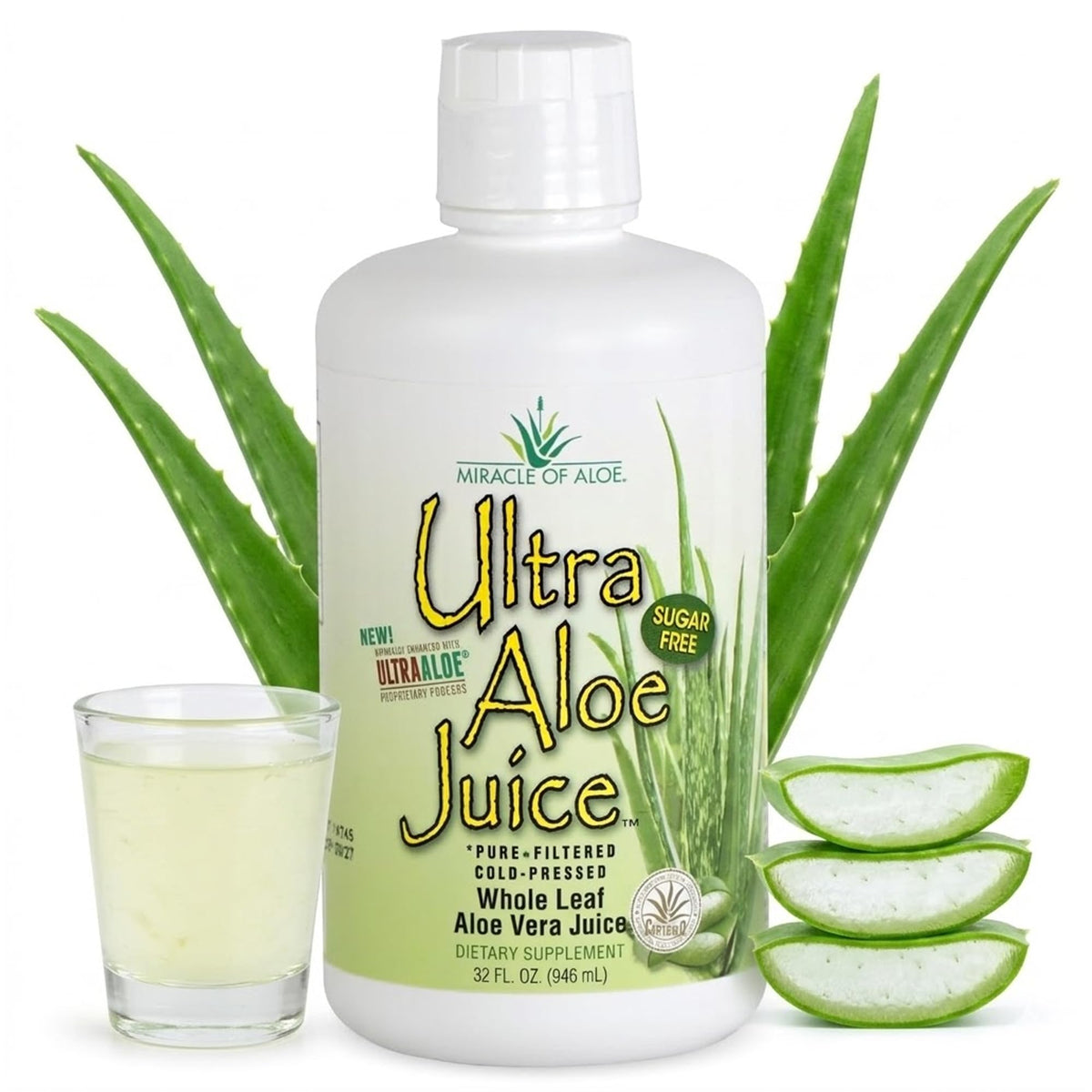 Bouteille de jus d'aloe vera entier Miracle of Aloe 32 oz vue de face