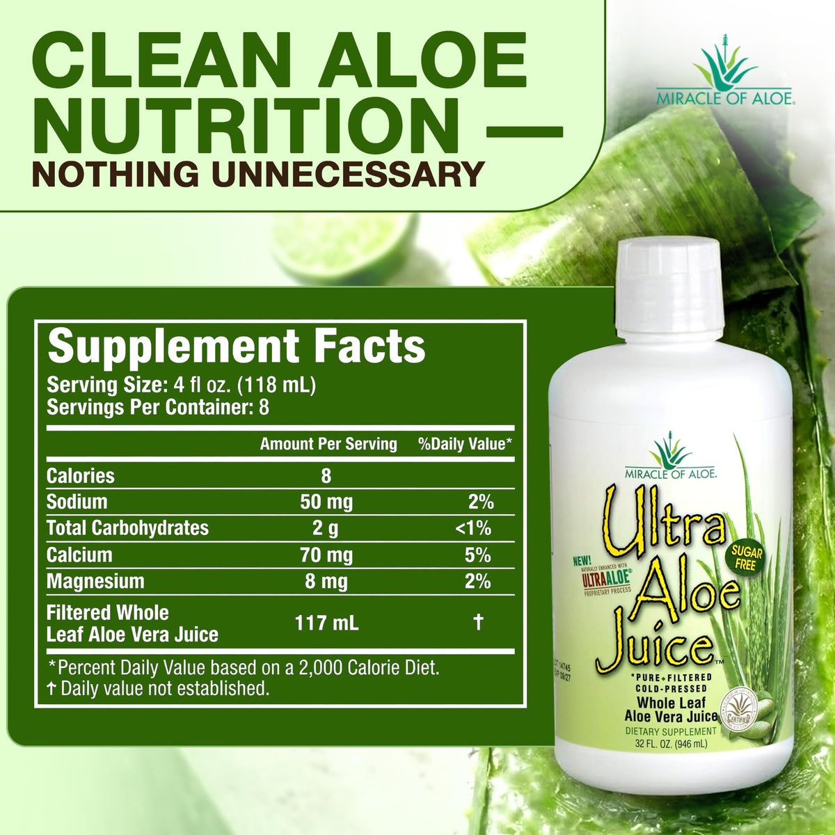 Bouteille de jus d'aloe vera entier Miracle of Aloe avec bouchon ouvert