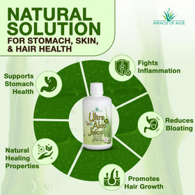 Bouteille de jus d'aloe vera entier Miracle of Aloe sur une table en bois