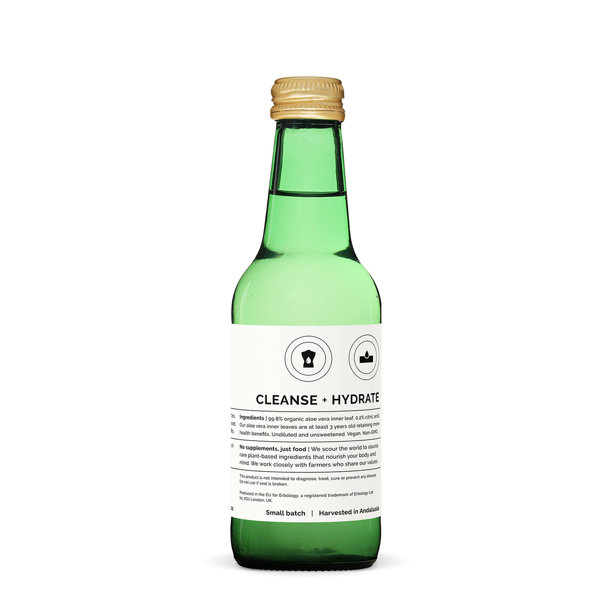 Bouteille de jus d'aloe vera Erbology avec des feuilles d'aloe vera